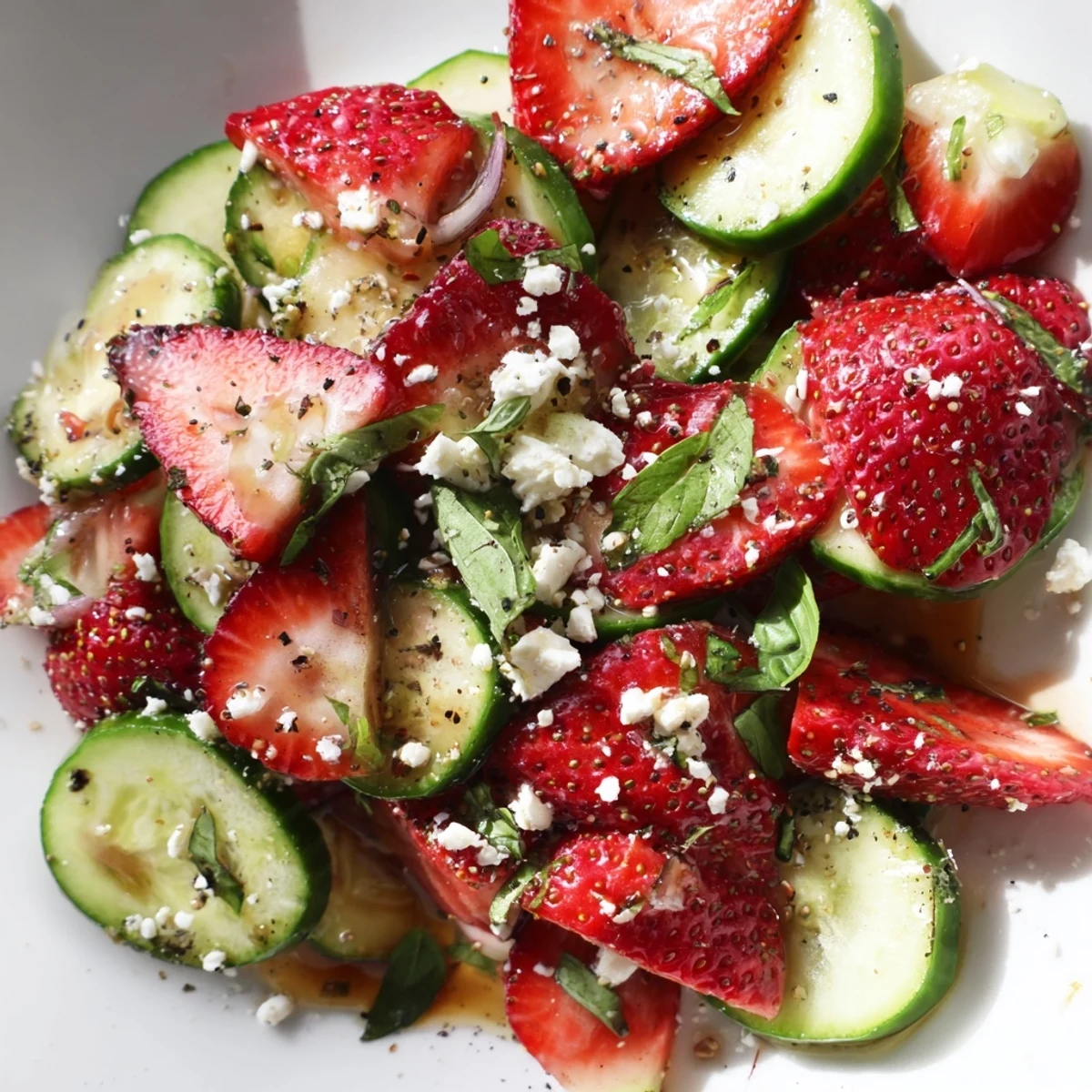 Fresh strawberry cucumber salad with mint, basil, and tangy balsamic dressing in a white bowl.