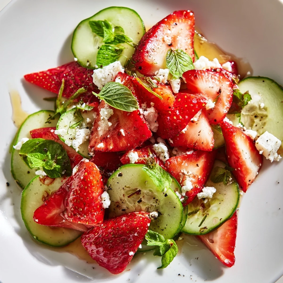 Colorful summer salad featuring sliced strawberries, crisp cucumber ribbons, and crumbled feta cheese garnish.