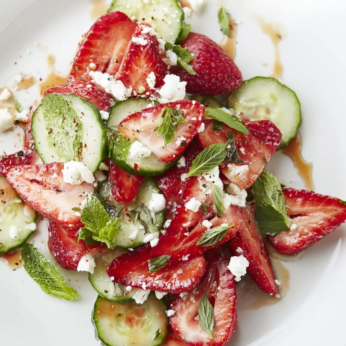 Light and refreshing strawberry cucumber salad tossed with herbs and olive oil on wooden serving board.