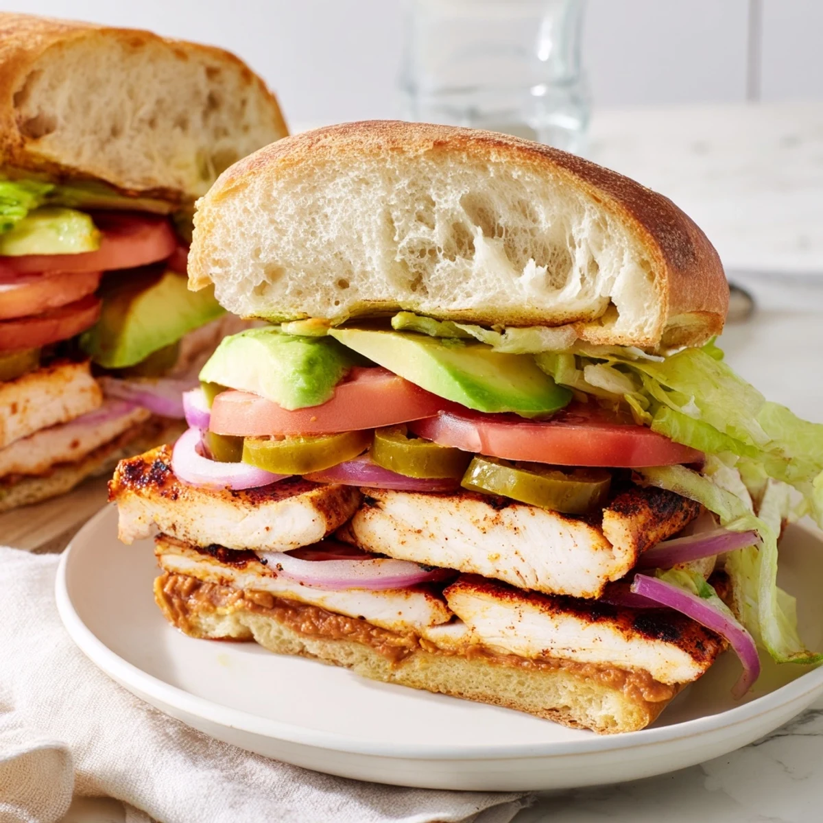 Hearty Chicken Torta Sandwich stacked with marinated chicken, fresh avocado slices, and zesty jalapeños on a toasted bolillo roll