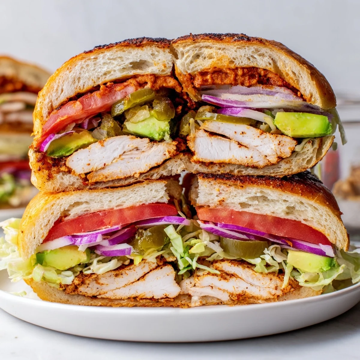 Mexican-style Chicken Torta Sandwich featuring seasoned grilled chicken, creamy refried beans, and crisp lettuce on soft bread