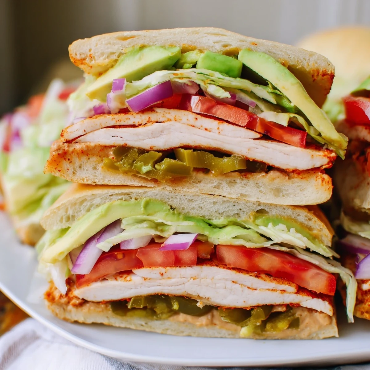 Sliced Chicken Torta Sandwich layered with ripe tomato, red onion, and cilantro on a warm bolillo bun