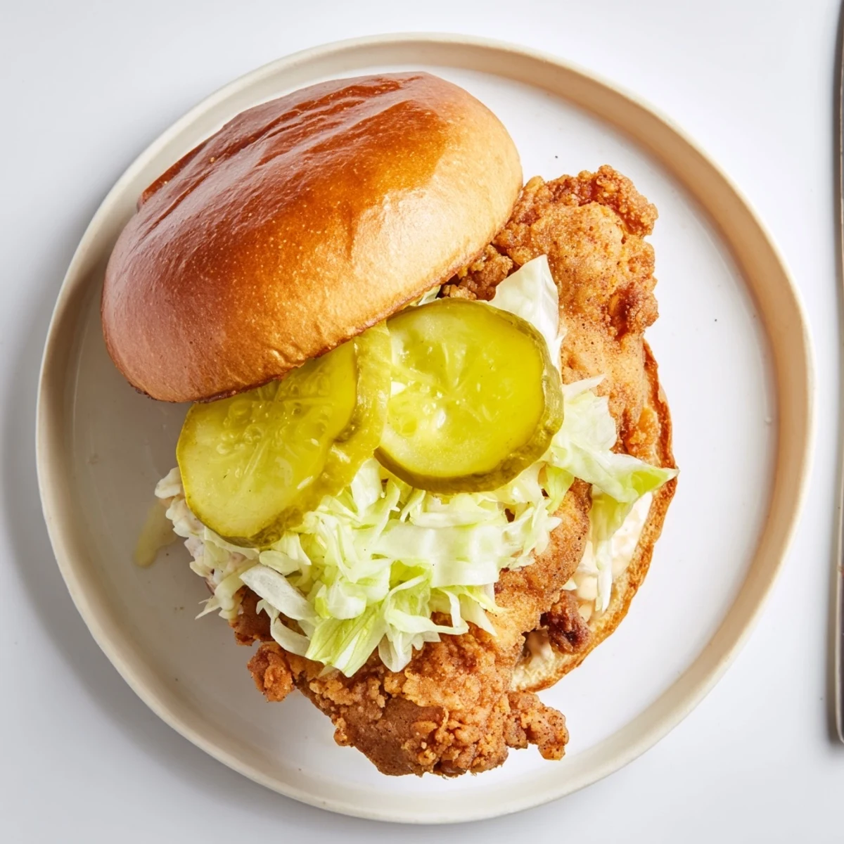 Golden pickle brined fried chicken sandwich stacked with crisp lettuce and tangy pickle slices on a toasted brioche bun