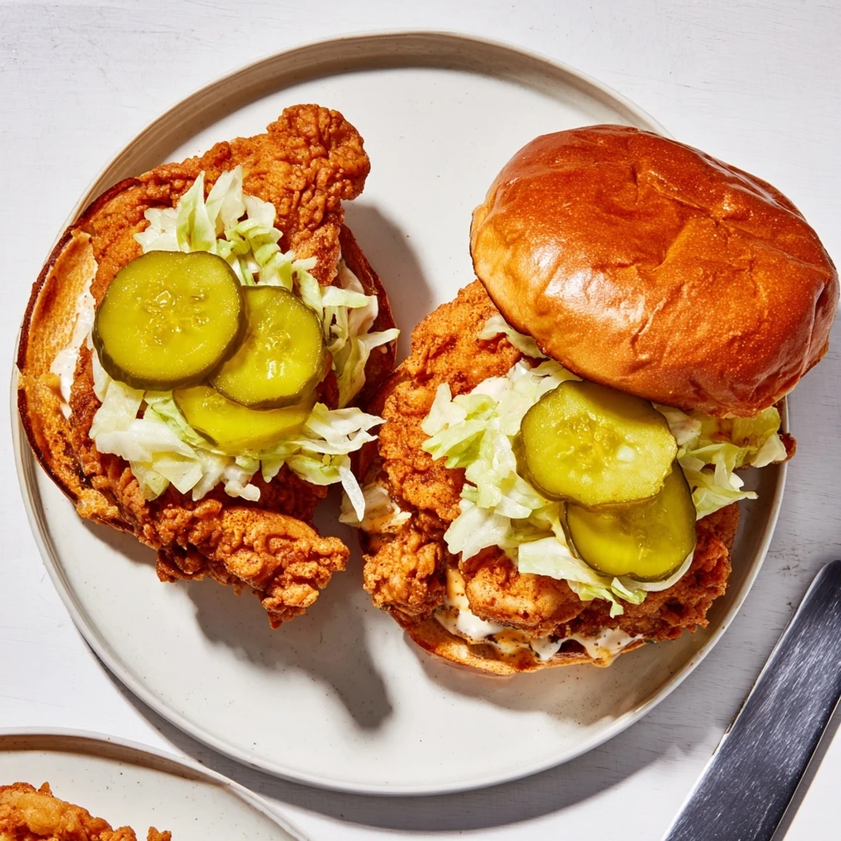 Crispy fried chicken thigh marinated in dill pickle brine served on a soft potato bun with fresh toppings