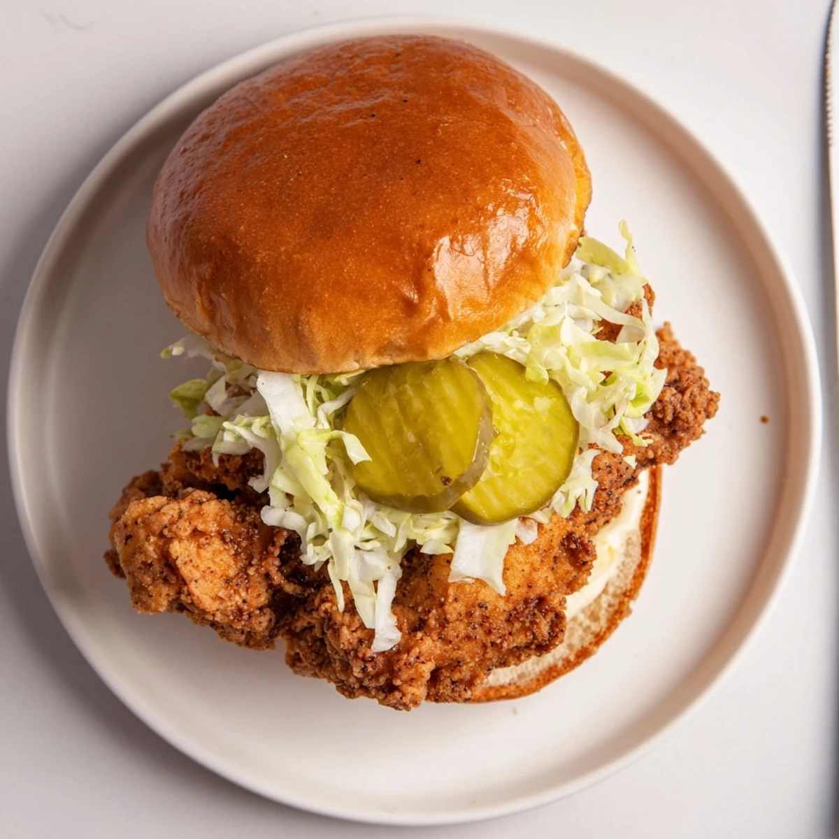 Homemade pickle brined fried chicken sandwich featuring juicy meat crunchy coating and creamy mustard mayo sauce