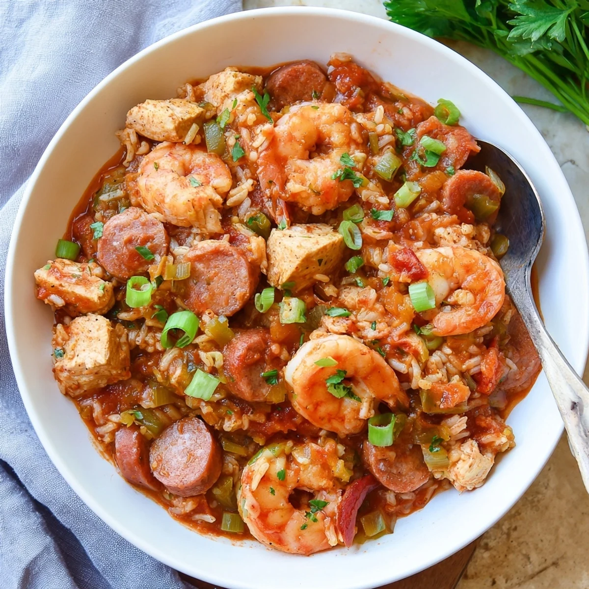 Slow cooker Crock Pot Jambalaya featuring tender chicken, sausage, and shrimp in a rich, spiced tomato broth