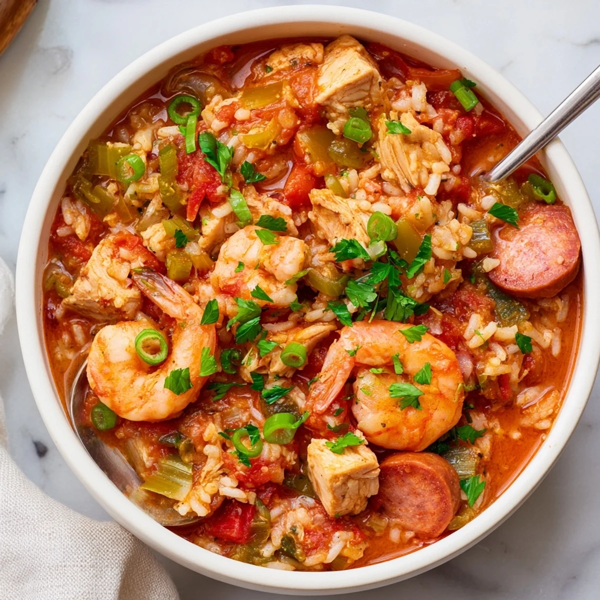Bowl of hearty Crock Pot Jambalaya loaded with succulent seafood, meats, and fluffy rice in a savory Creole sauce