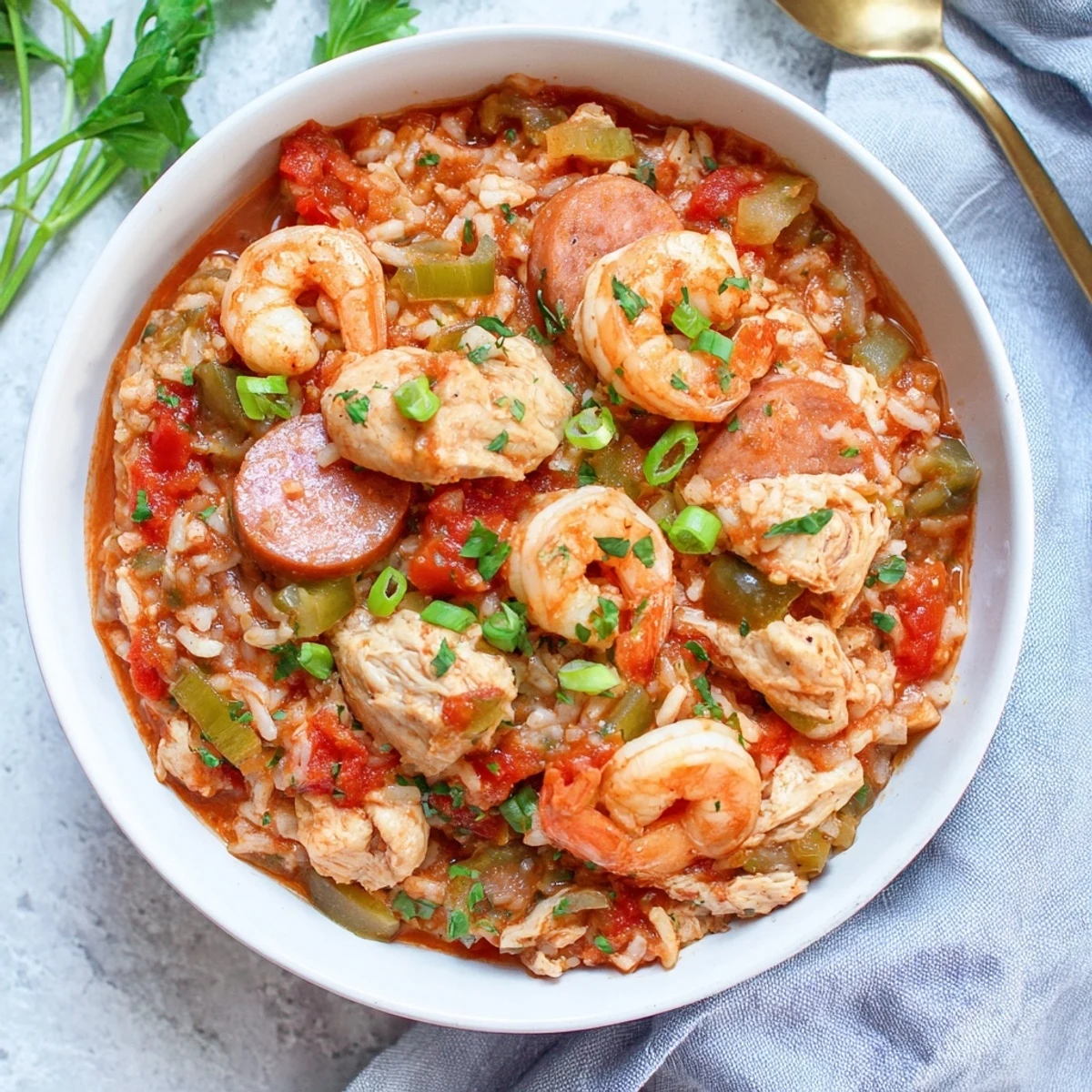 Close-up of steaming Crock Pot Jambalaya showcasing colorful vegetables, plump shrimp, sliced sausage, and seasoned chicken pieces