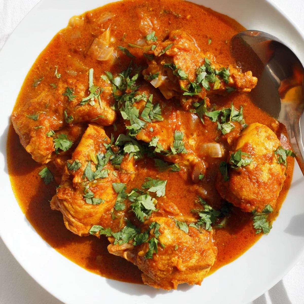 Golden Indian Butter Chicken in a pressure cooker with naan bread ready for dipping