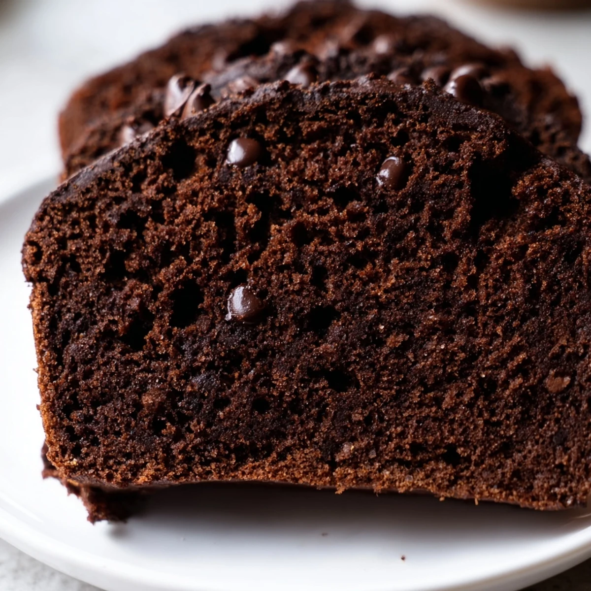 Sliced dark chocolate espresso banana bread revealing soft tender crumb and scattered chocolate chunks
