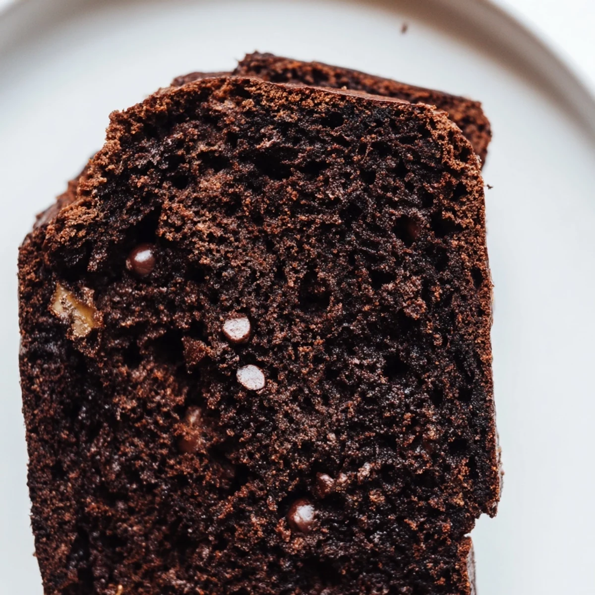 Moist chocolate espresso banana bread loaf studded with melty chocolate chips on a wooden board