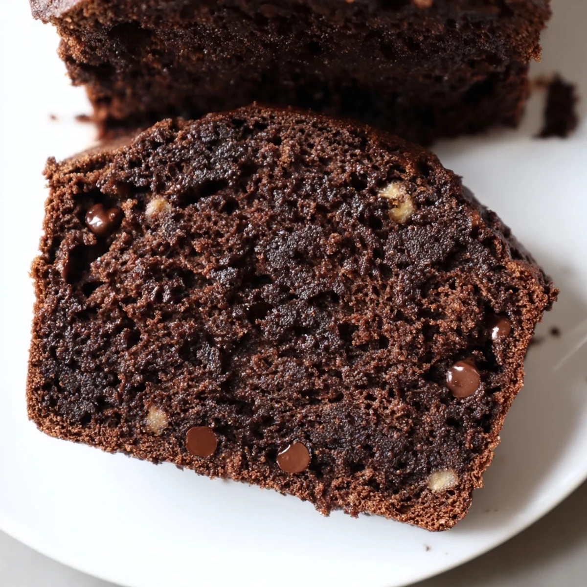 Warm slice of chocolate espresso banana bread served on a plate with optional butter spread