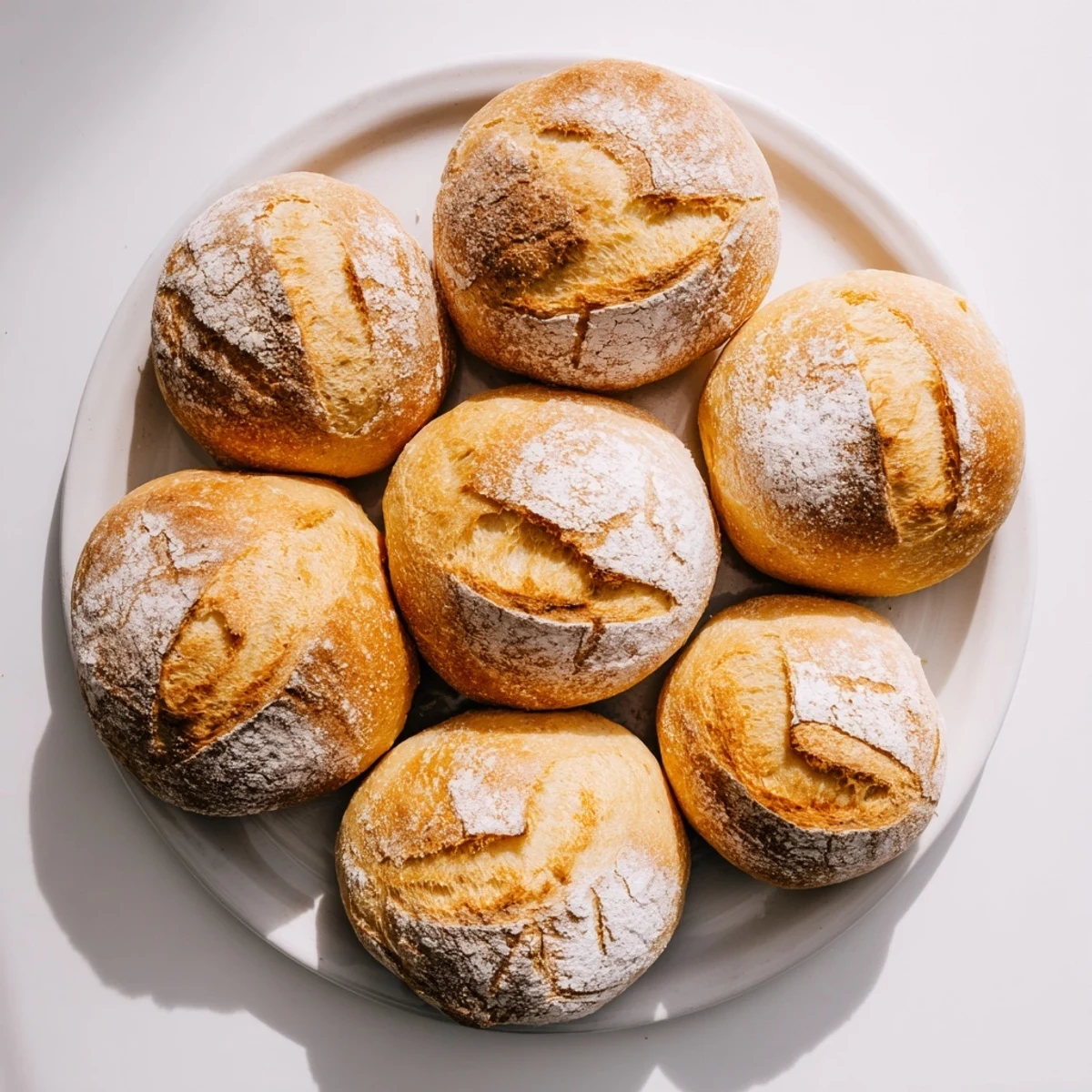 Golden brown crusty French bread rolls baked to perfection with flour-dusted tops