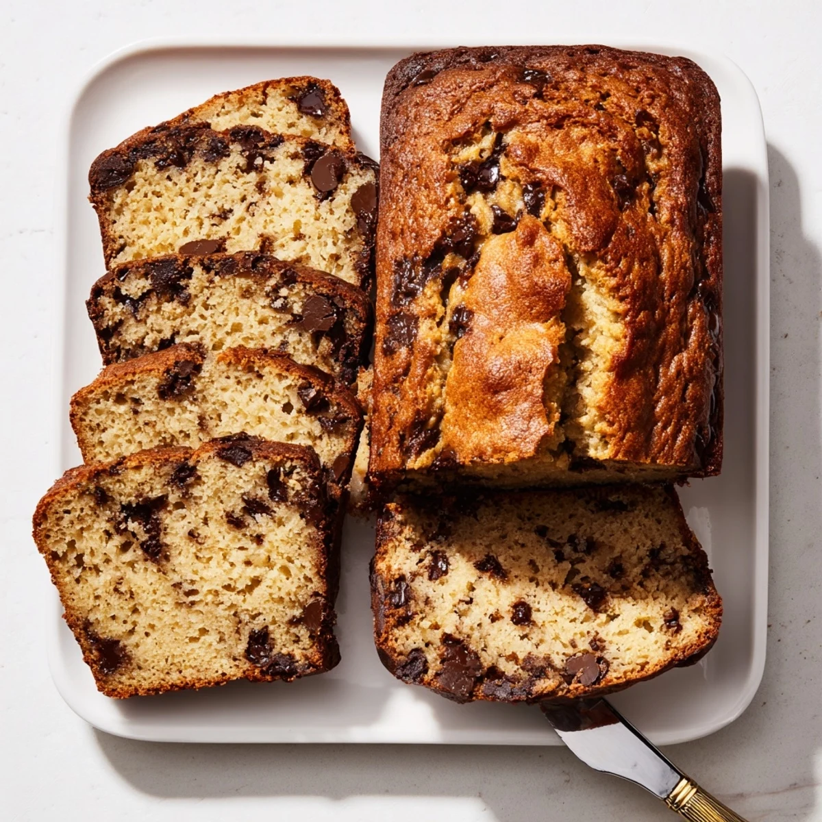 Golden chocolate chip banana bread loaf with melted chocolate chunks on a rustic wooden board