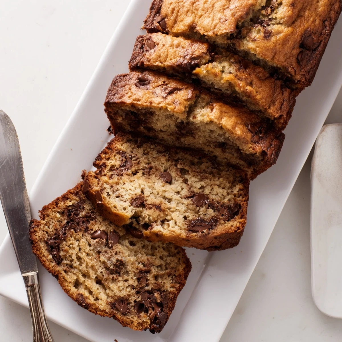 Thick slice of moist chocolate chip banana bread served on a white plate with crumbs