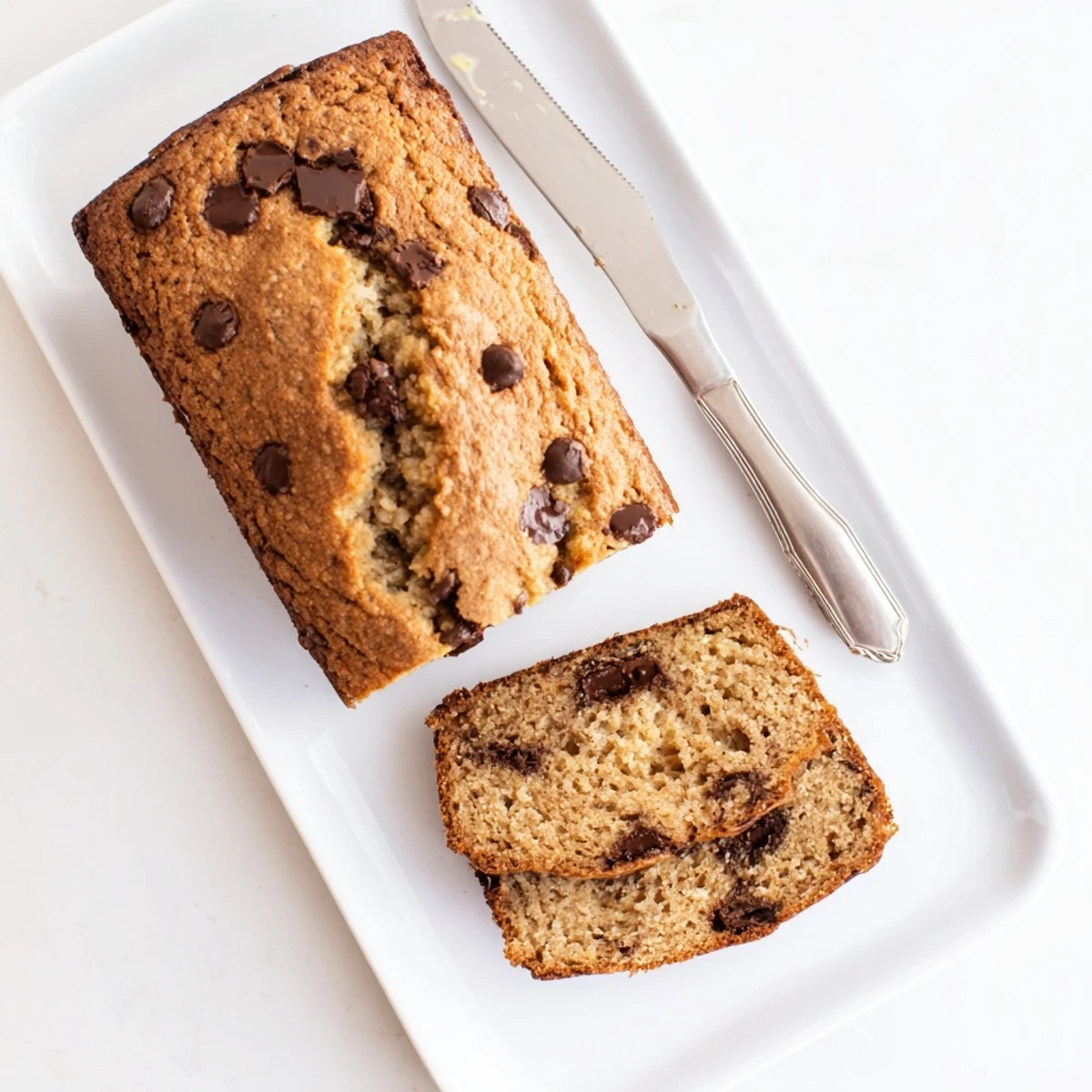 Freshly baked chocolate chip banana bread cooling on a wire rack with golden brown crust