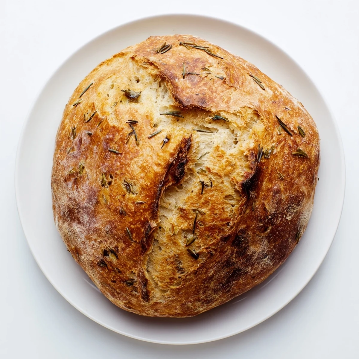 Golden crust Dutch oven garlic rosemary bread fresh from oven with sliced interior visible