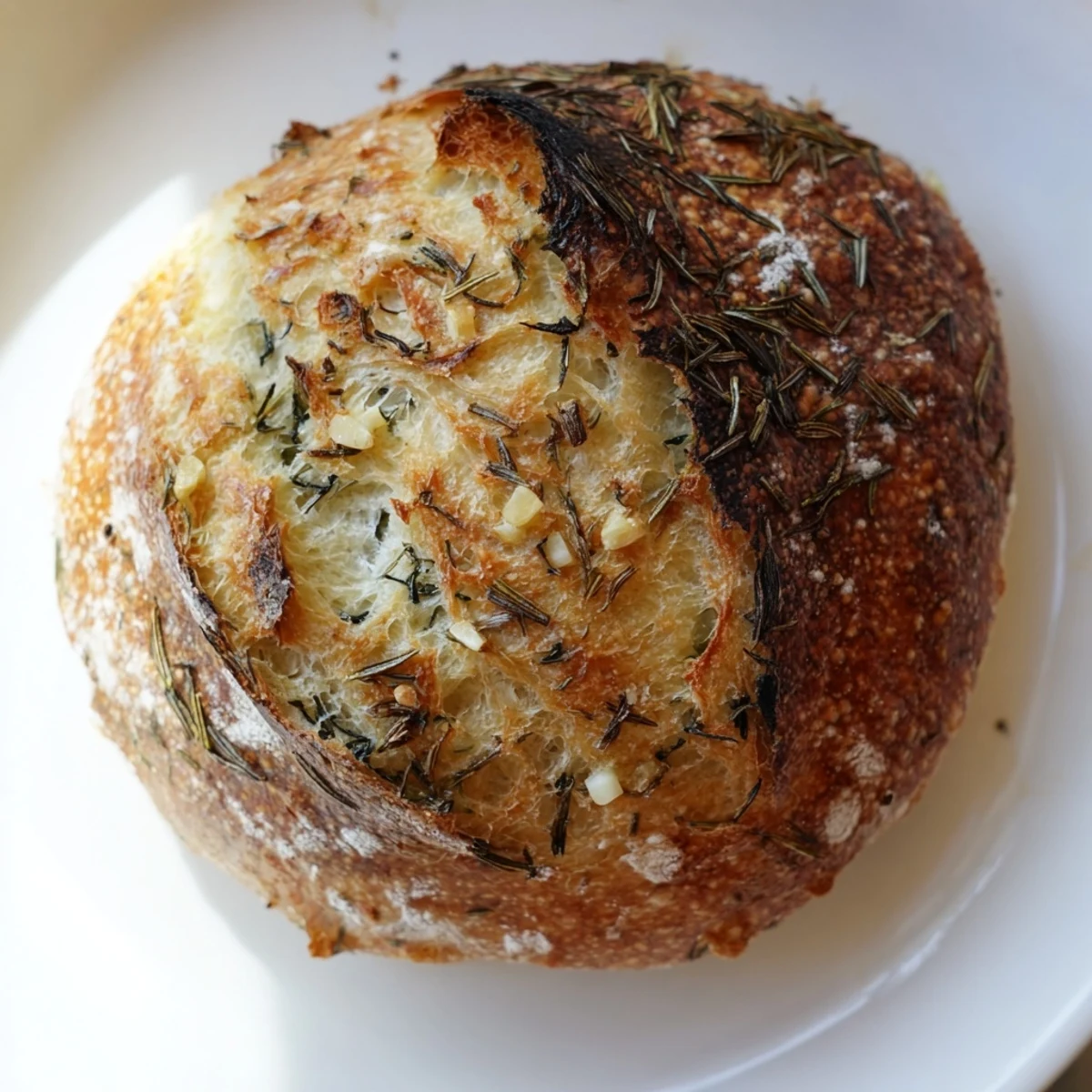 Rustic round loaf featuring aromatic rosemary and garlic baked to deep golden brown perfection
