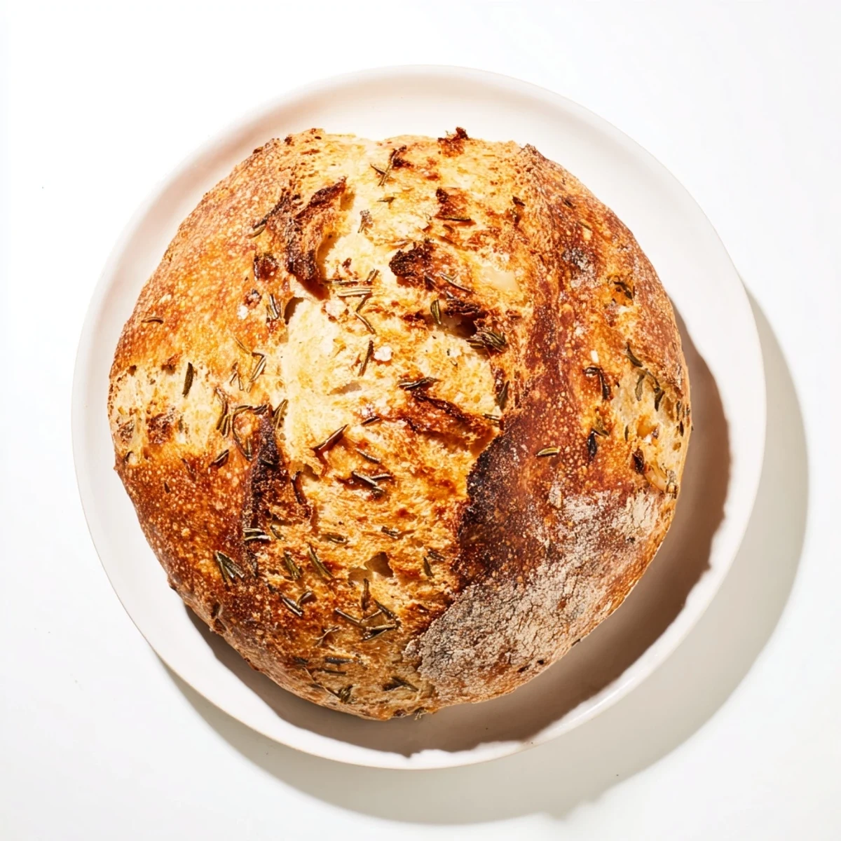 Homemade Dutch oven garlic rosemary bread broken apart revealing soft flavorful crumb inside