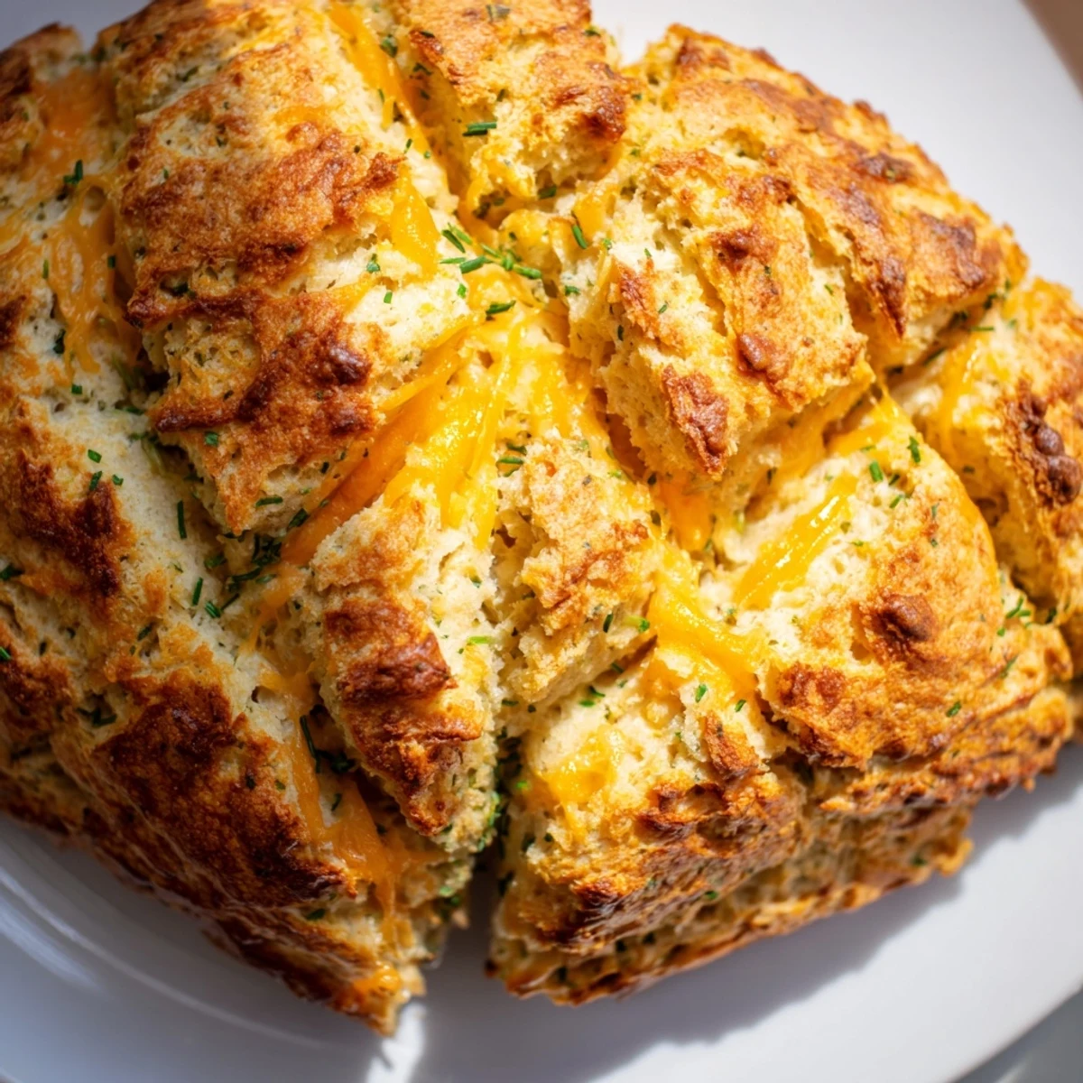 Golden brown cheddar and herb soda bread loaf with a distinctive cross pattern on top