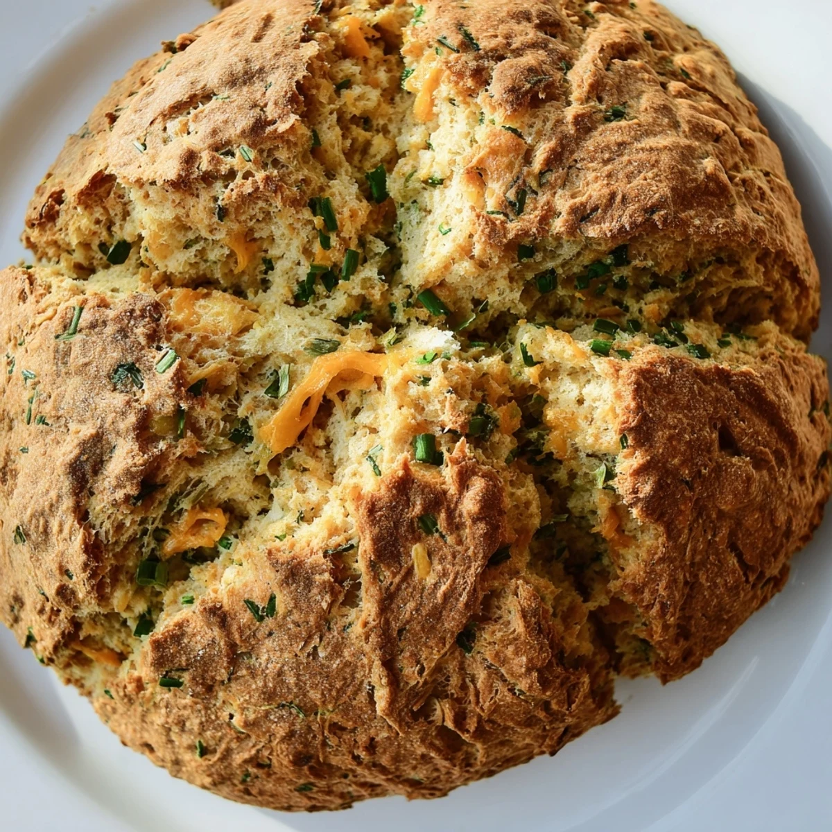 Warm cheddar and herb soda bread served on a wooden board with melted butter on top