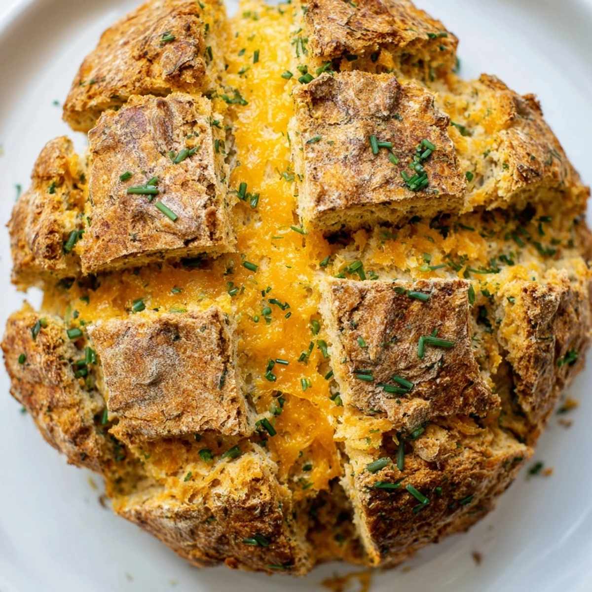 Rustic soda bread studded with sharp cheddar and fresh herbs, sliced to reveal tender crumb