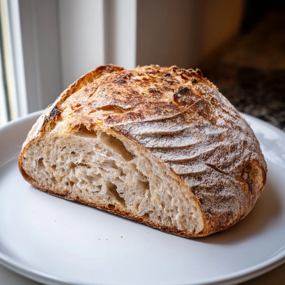 Golden crust sourdough bread loaf with airy crumb, dusted with flour and ready to slice.