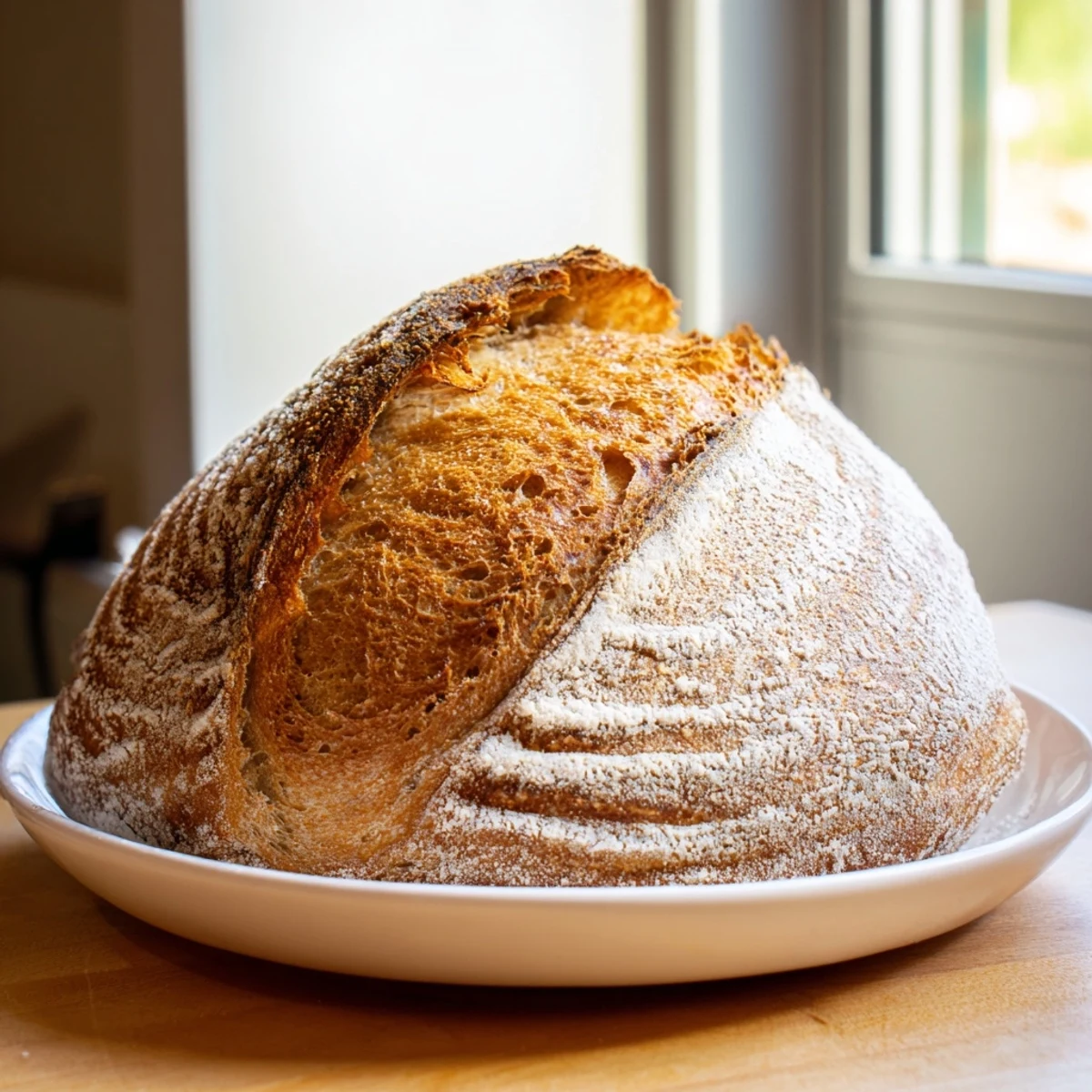 Artisan sourdough bread with deep golden crust and perfect scoring, served on wooden cutting board.