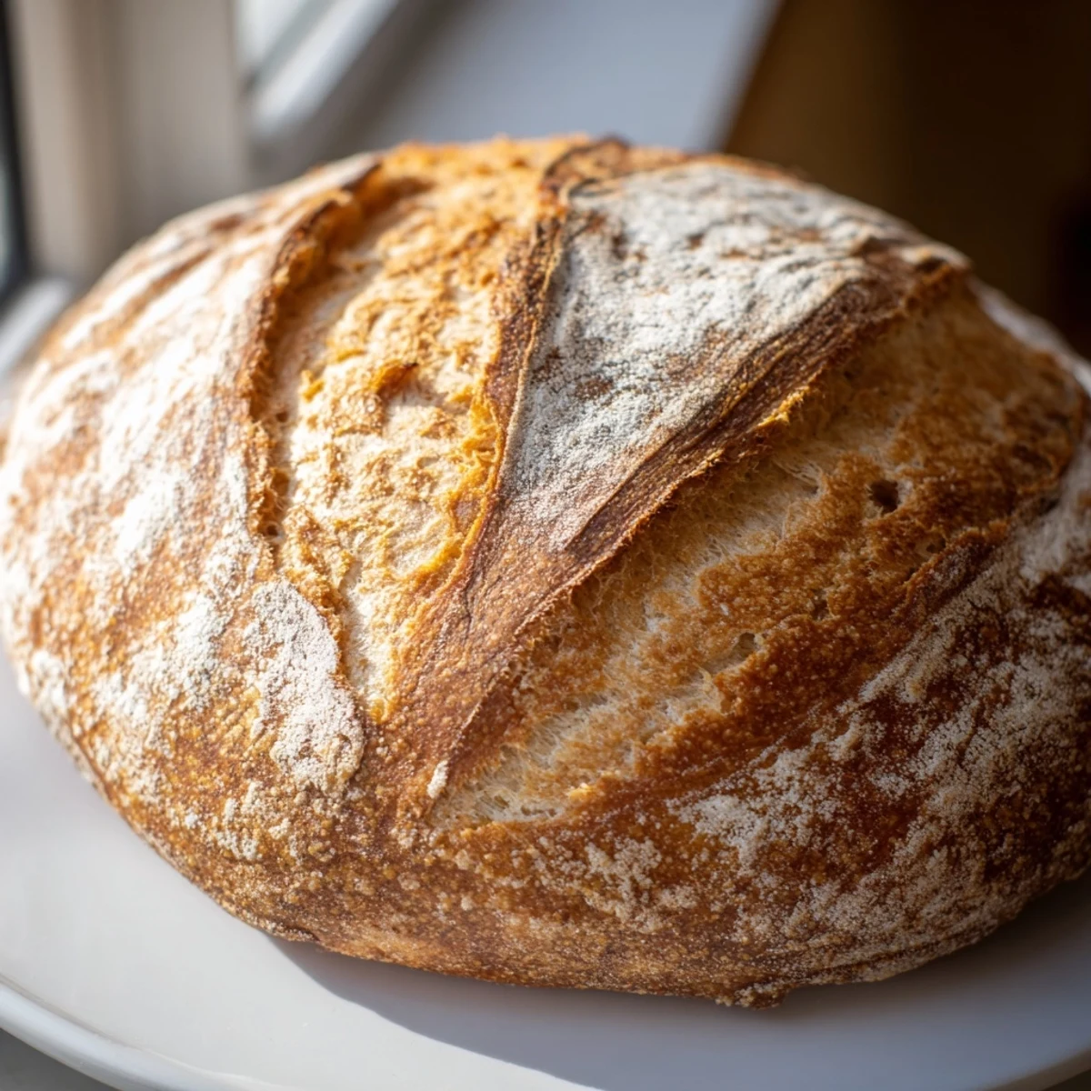 Freshly baked sourdough bread displaying signature crackled crust and chewy interior, cooling on wire rack.