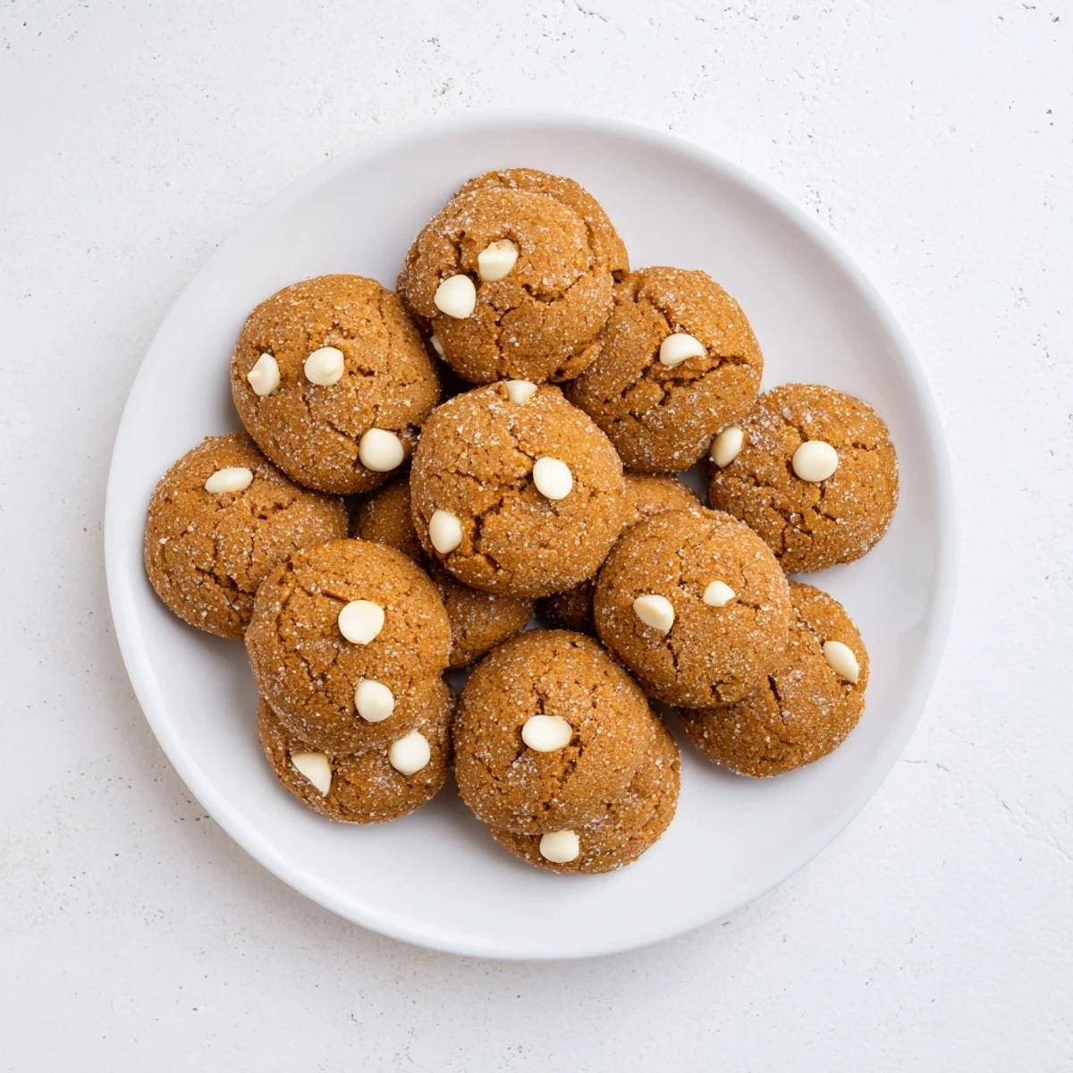 Soft bakery gingerbread white chocolate cookies with melted chips and crispy sugar-coated edges