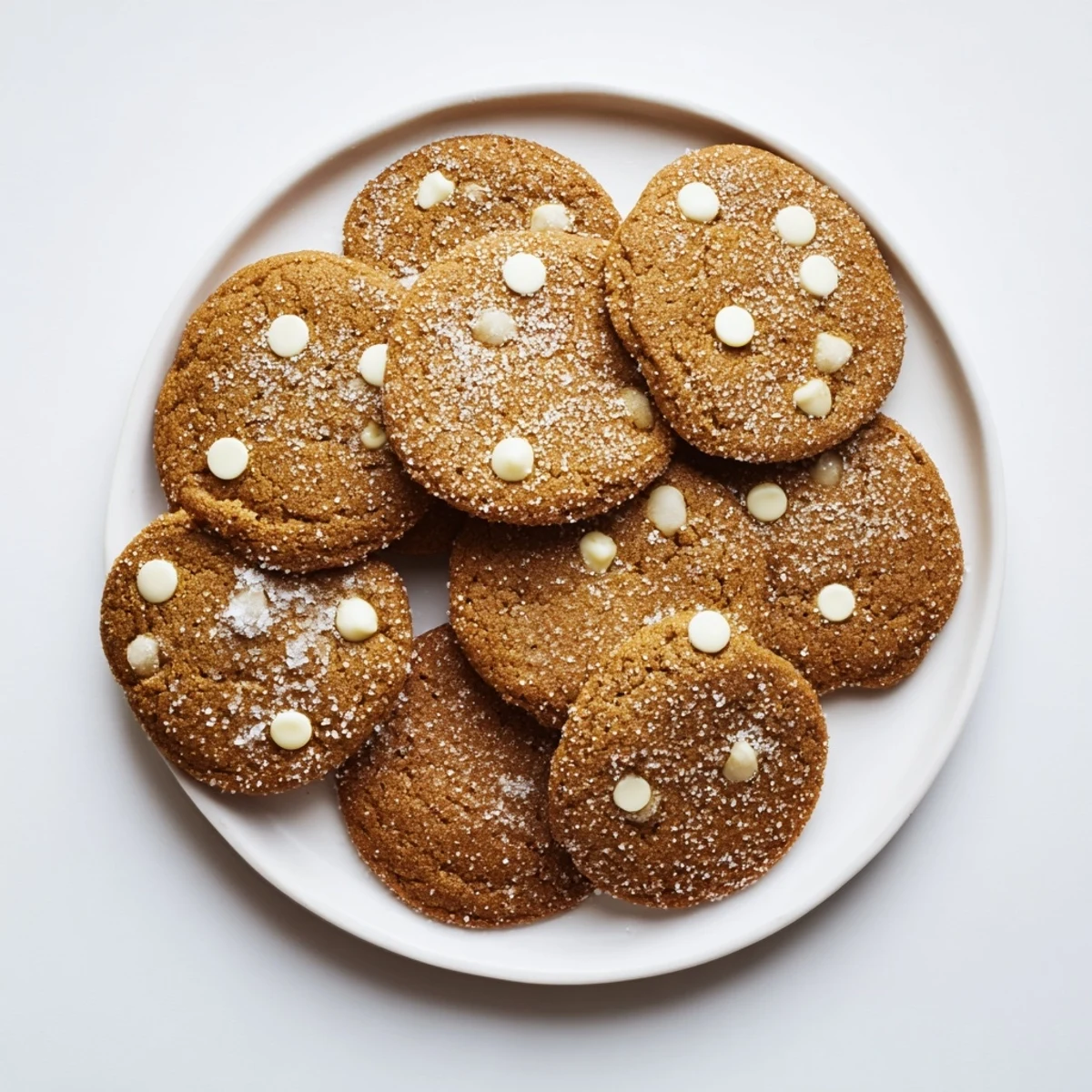 Festive plate of soft gingerbread white chocolate cookies dusted with sparkling granulated sugar