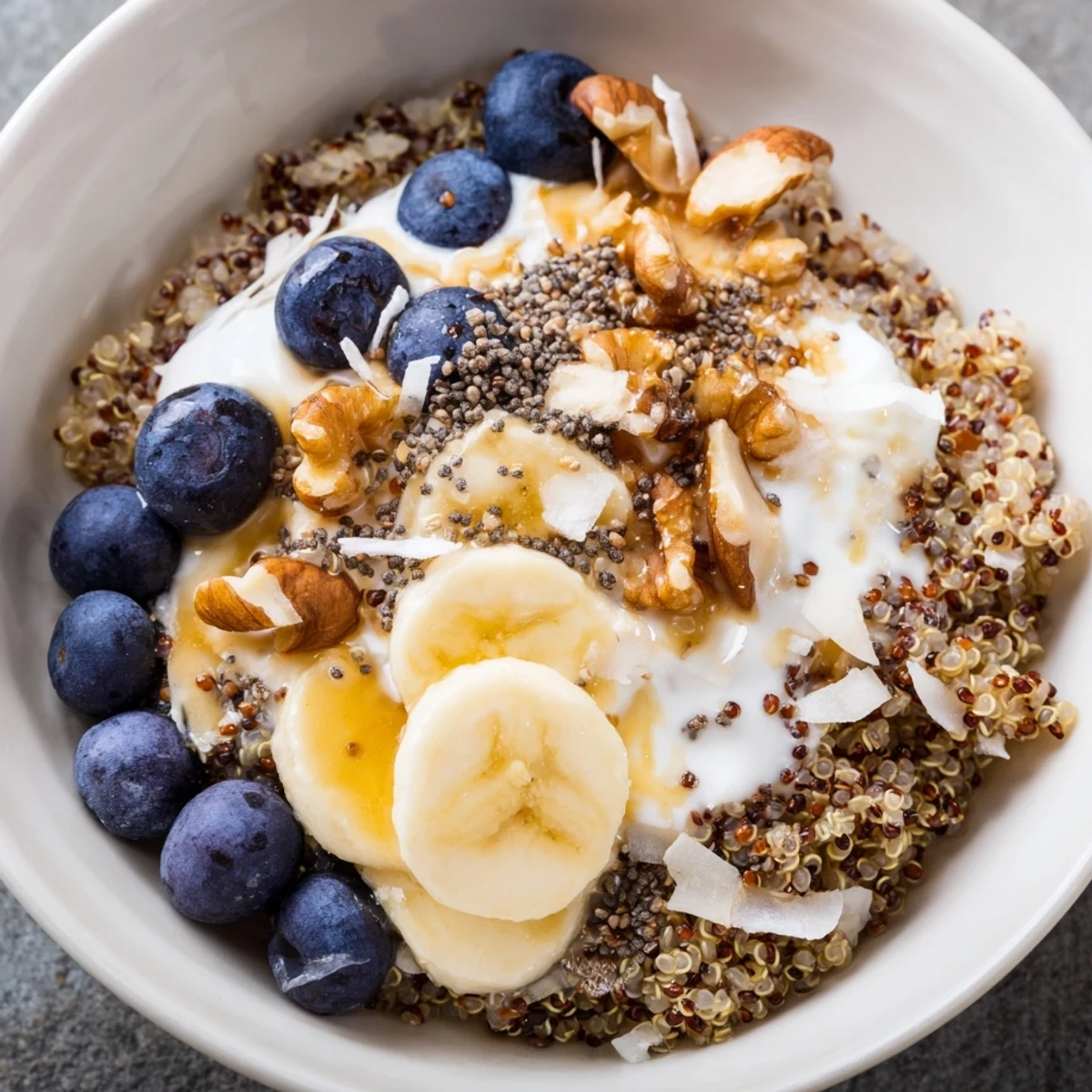 Colorful blueberry quinoa breakfast bowl topped with fresh fruit, crunchy nuts, and creamy yogurt