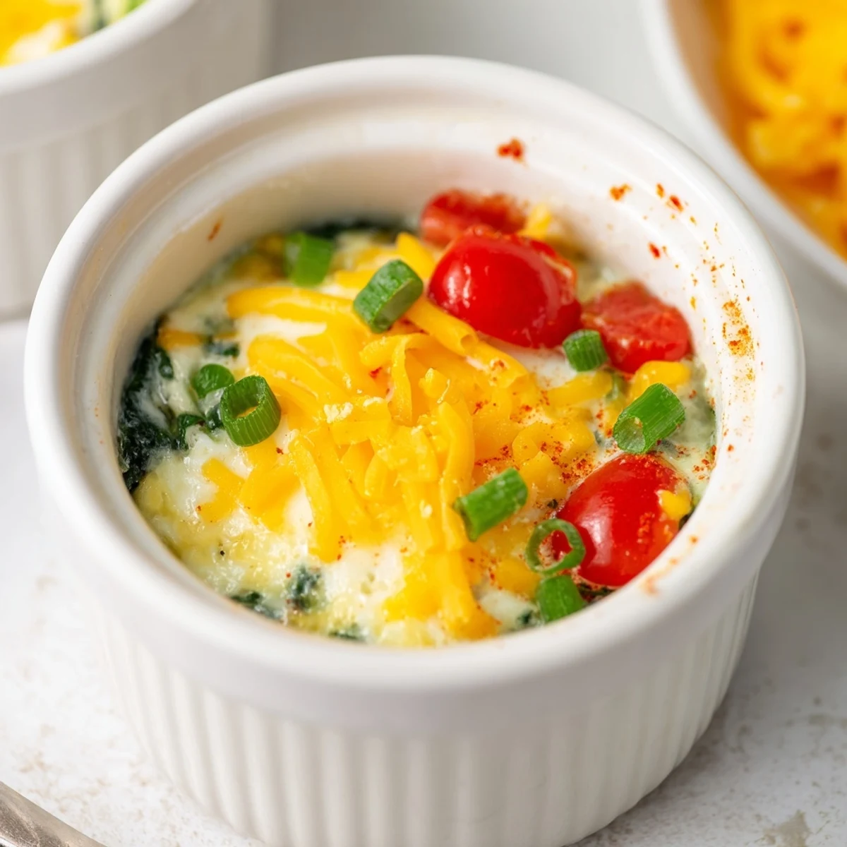 Golden baked cottage cheese eggs with spinach and melted cheese in individual ramekins