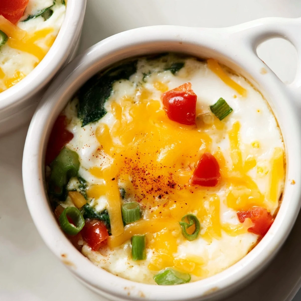 Protein-rich baked cottage cheese eggs featuring fresh tomatoes and scallions ready for breakfast
