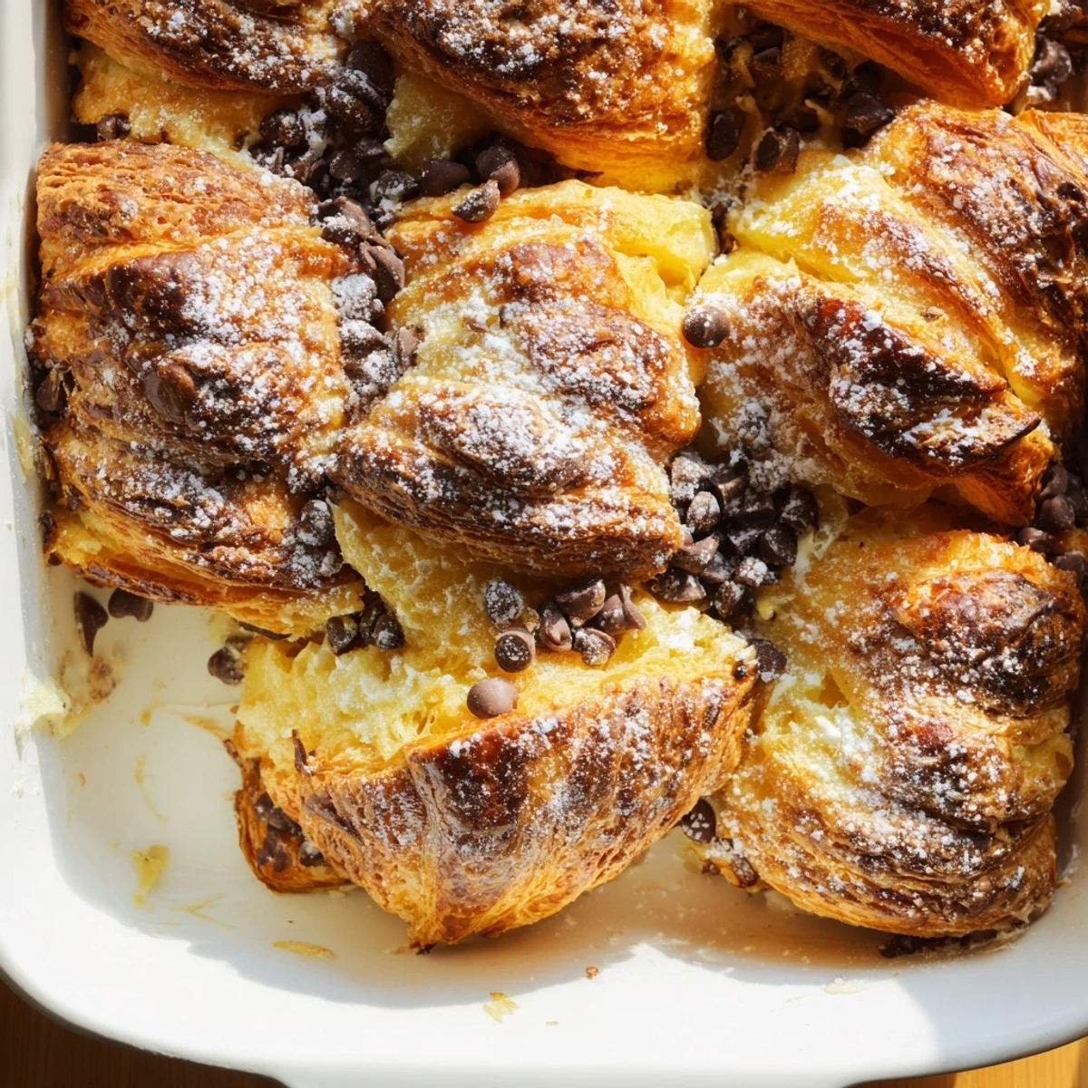 Golden chocolate croissant breakfast bake with melted chocolate chips and dusted powdered sugar