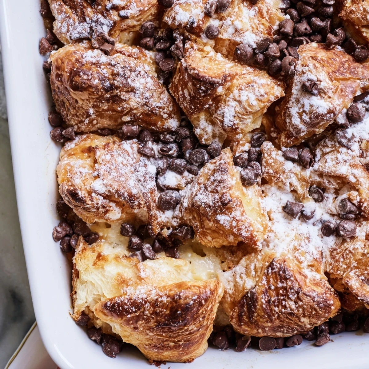 Buttery croissant pieces baked in rich vanilla custard with semi-sweet chocolate chunks