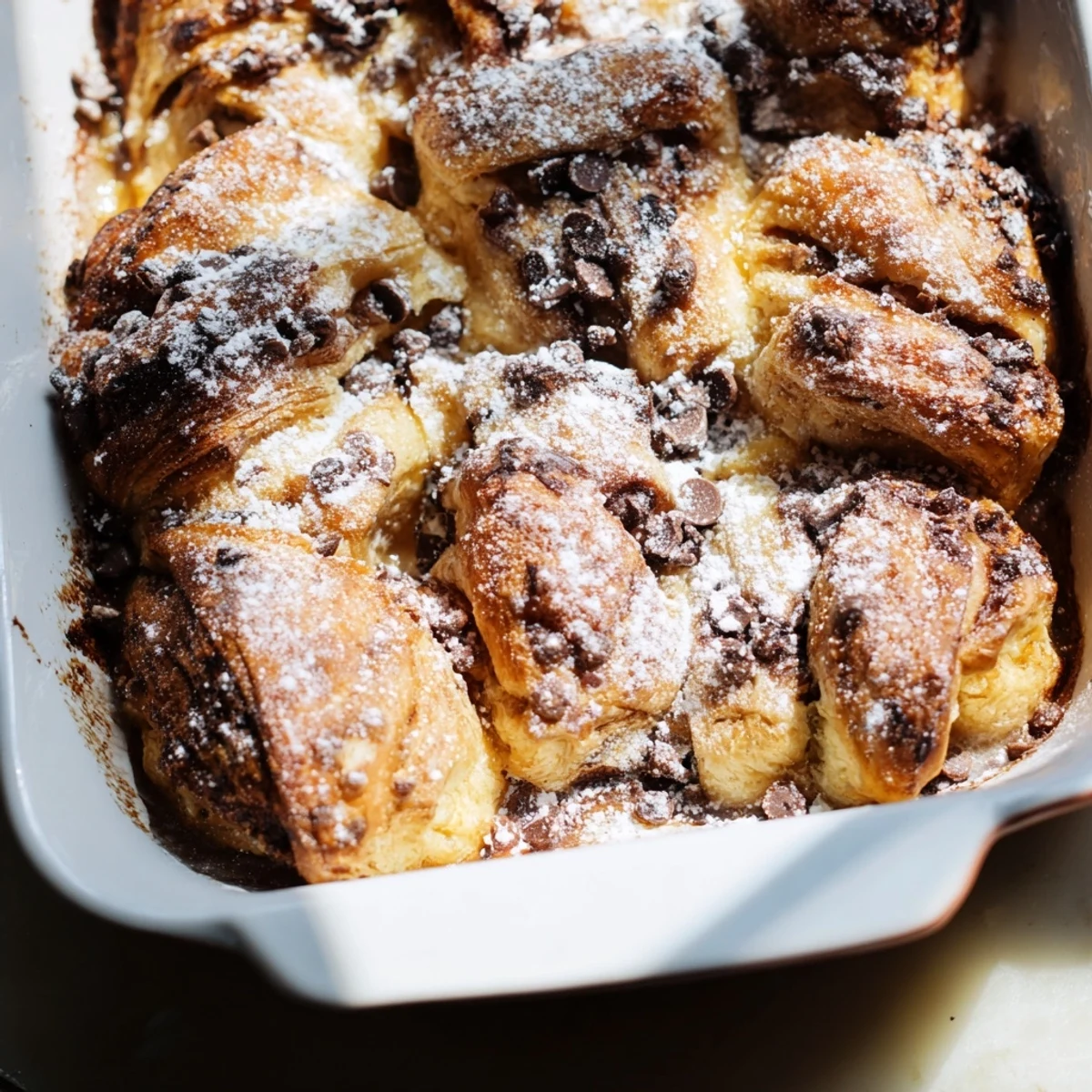Decadent chocolate croissant breakfast bake topped with fresh berries and powdered sugar