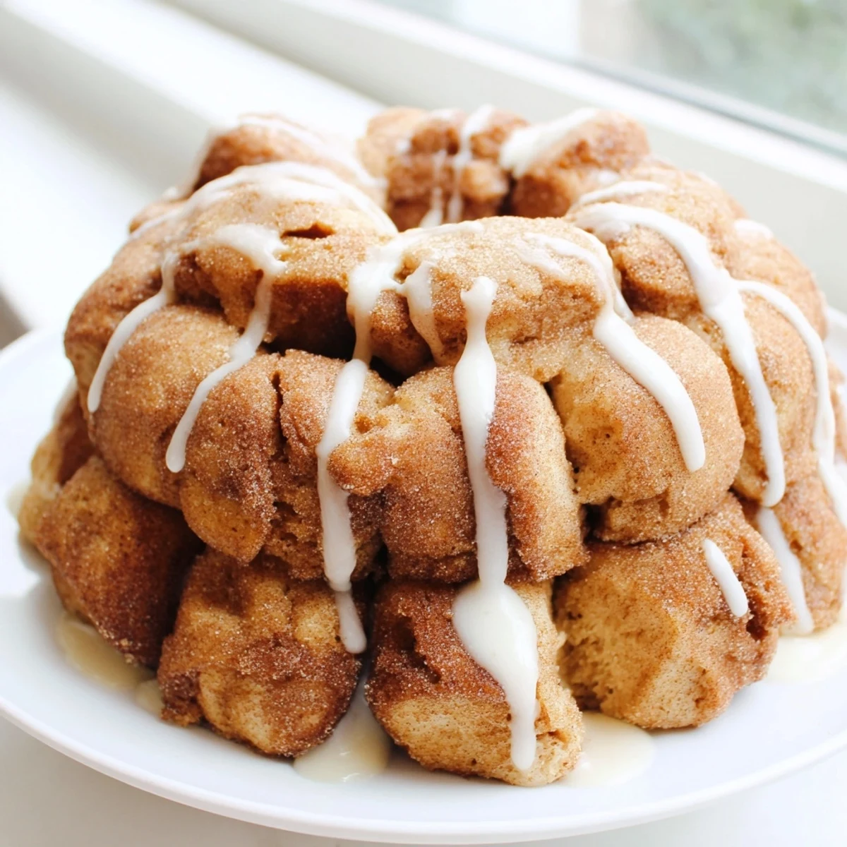 Golden pull-apart high protein no sugar monkey bread drizzled with creamy vanilla glaze