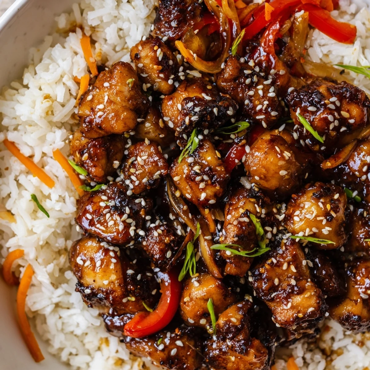 Glistening One Pan Korean BBQ Chicken and Rice in a cast iron skillet topped with sesame seeds