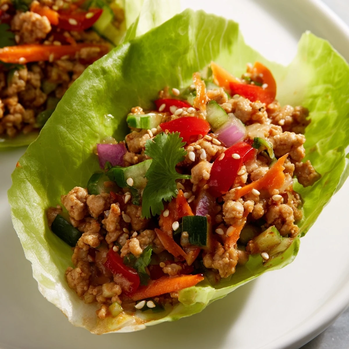 Seasoned ground turkey mixture served in crisp romaine lettuce cups with fresh vegetables