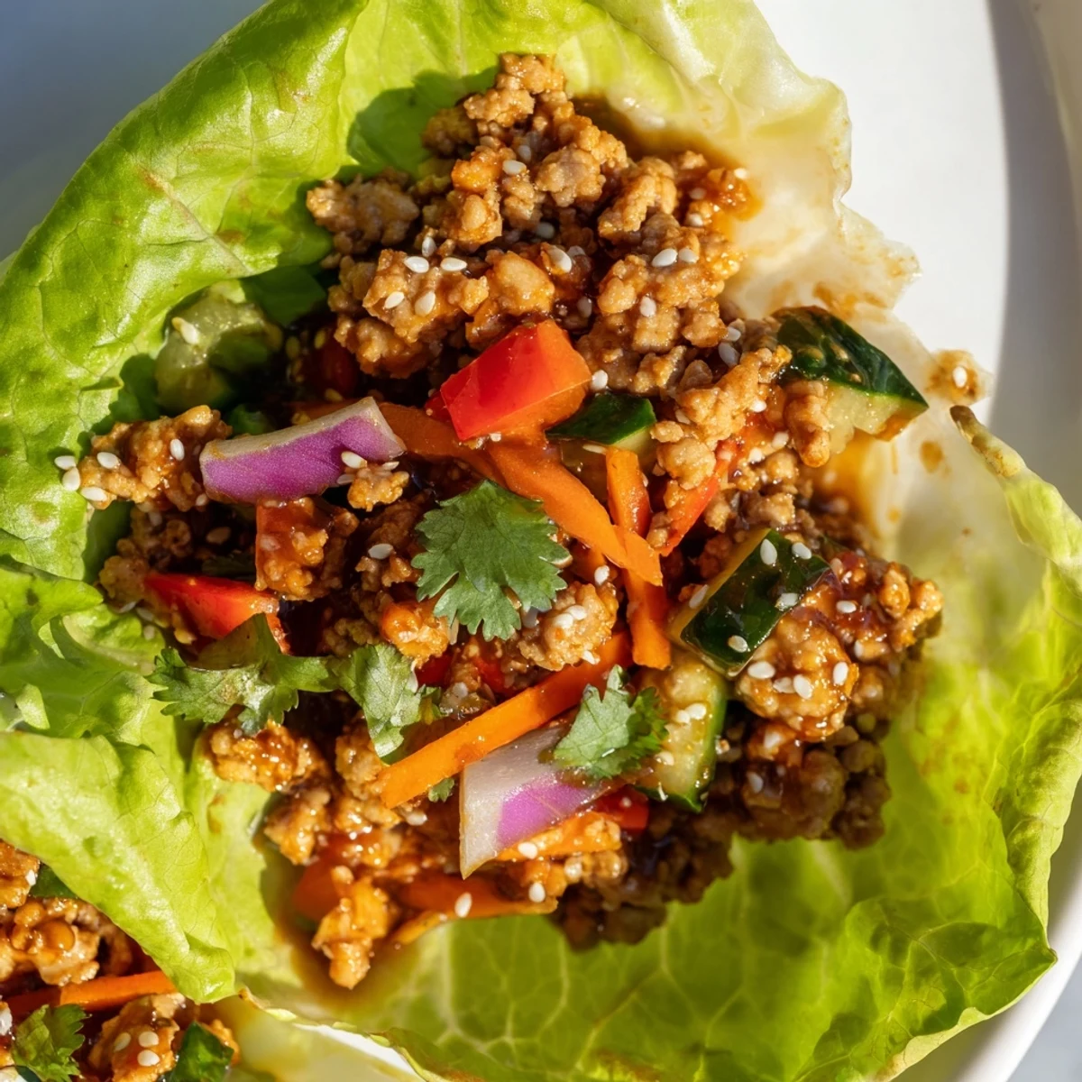 Healthy ground turkey lettuce wrap bowls topped with sesame seeds and cilantro