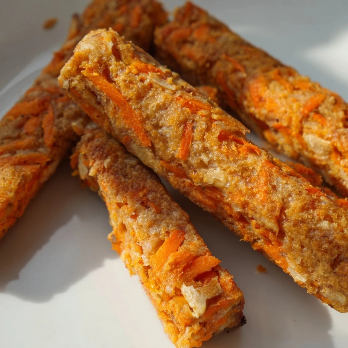 Golden brown apple and carrot dog chew sticks arranged on parchment paper for homemade treats