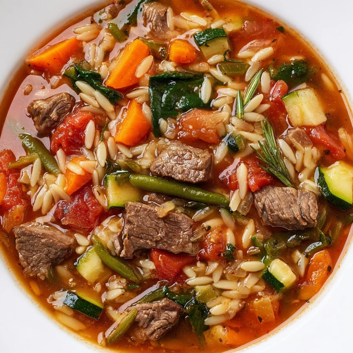 Hearty beef and orzo soup served steaming in a rustic bowl with fresh parsley garnish