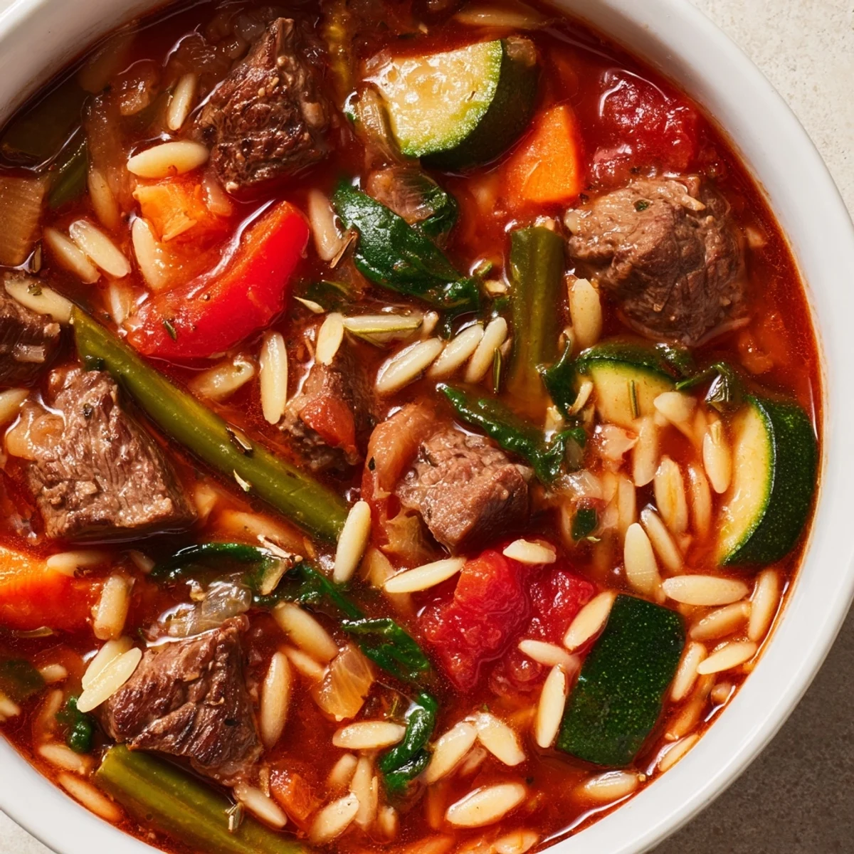 Colorful garden vegetables and tender beef chunks float in savory beef and orzo soup