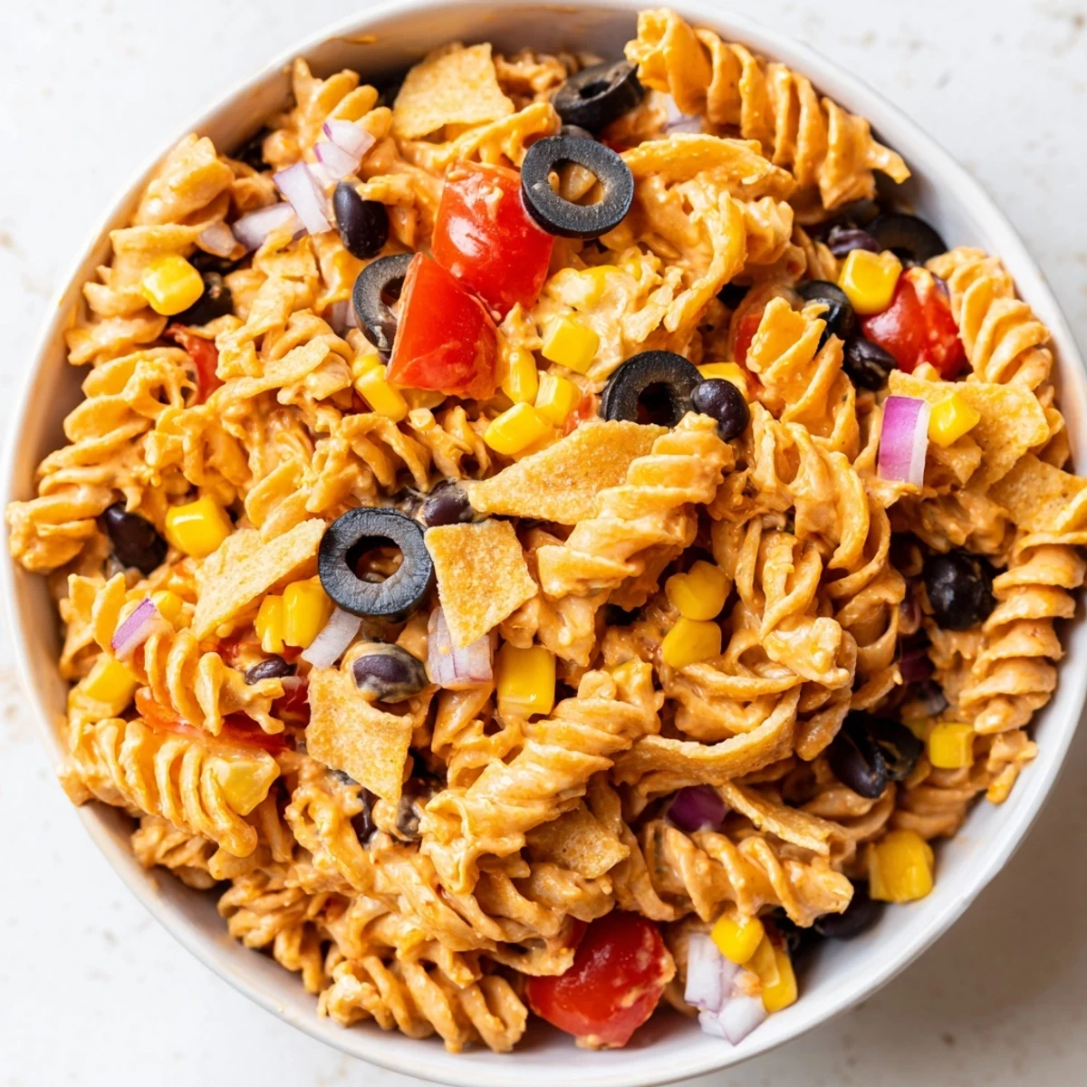 Colorful taco pasta salad in a serving bowl with tomatoes, corn, beans, and creamy dressing