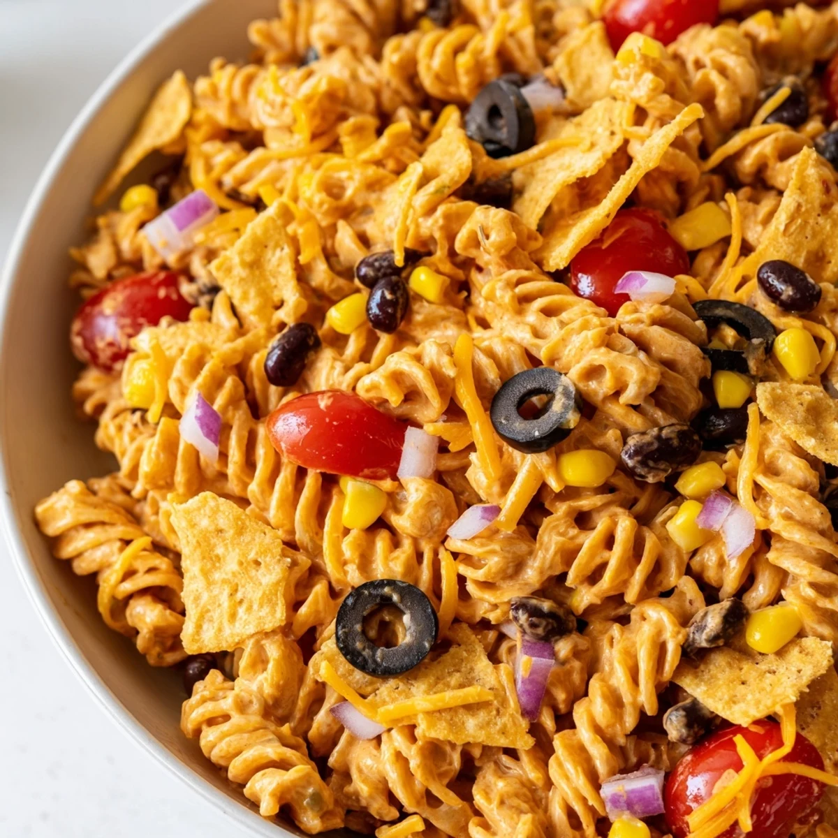 Taco pasta salad topped with crushed tortilla chips, melted cheddar, and fresh cilantro leaves
