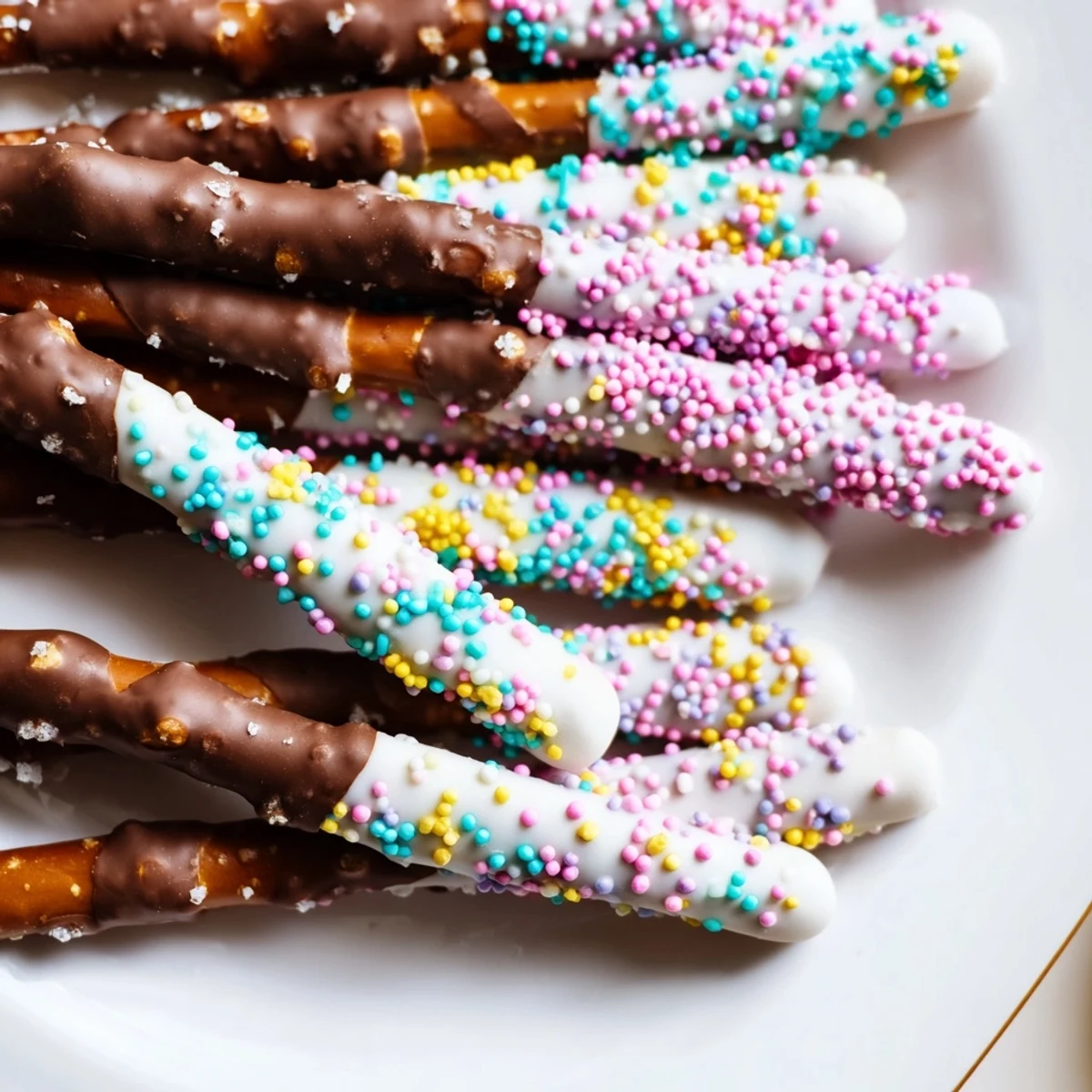 Chocolate covered pretzels for Easter decorated with colorful pastel sprinkles on a white serving platter