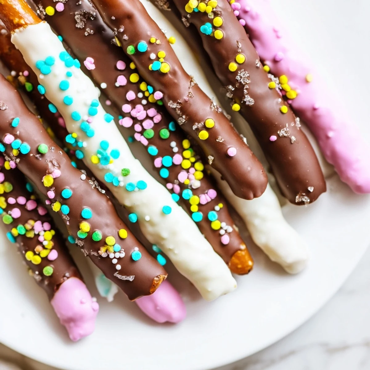 Golden pretzel rods dipped in rich chocolate and topped with festive spring sprinkles for Easter celebrations