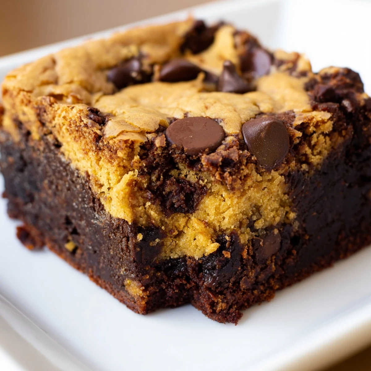 Double layer vegan brookies sliced into squares showing dark chocolate brownie bottom and golden cookie top