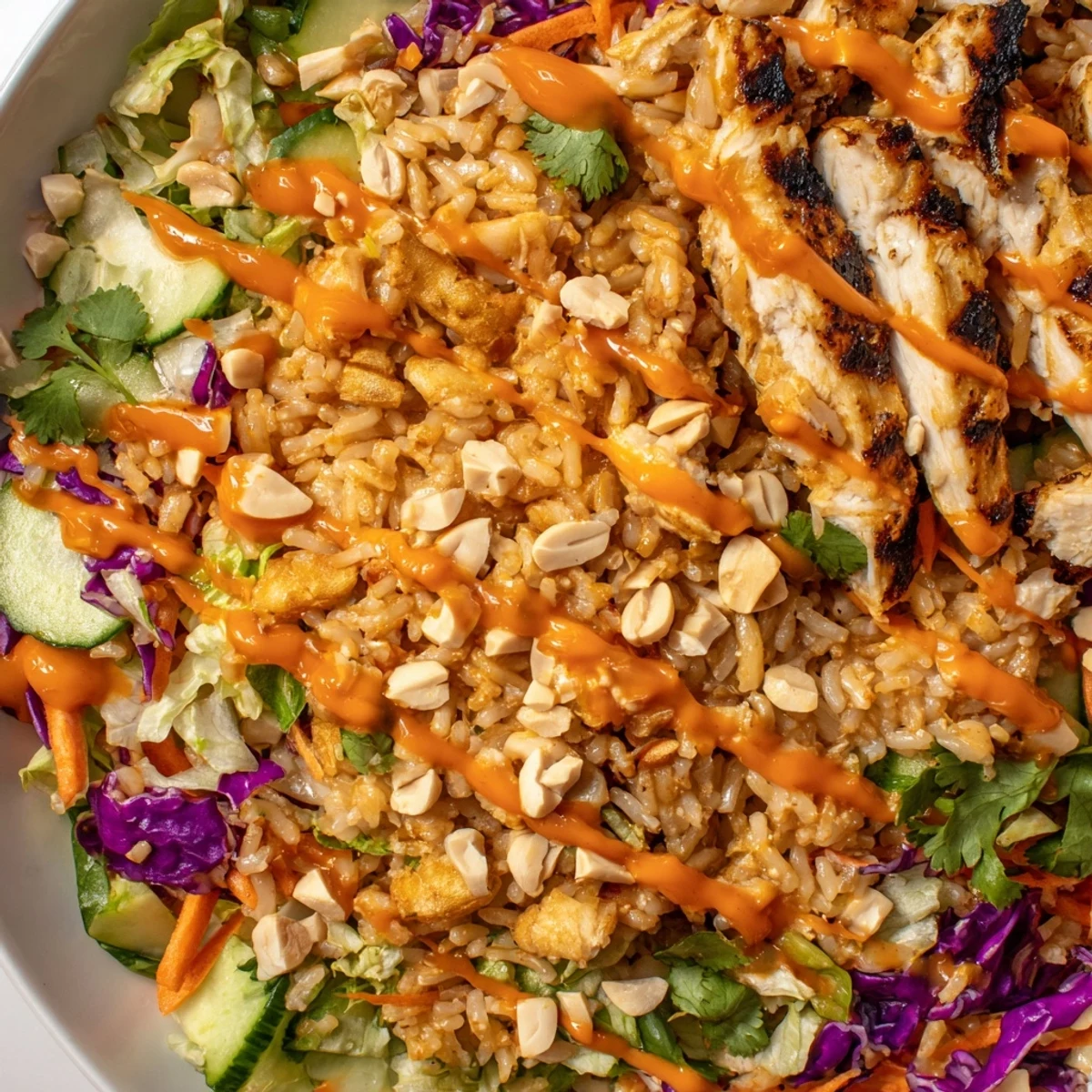 Golden crispy rice and tender sliced chicken top this vibrant Bang Bang Chicken Crispy Rice Salad